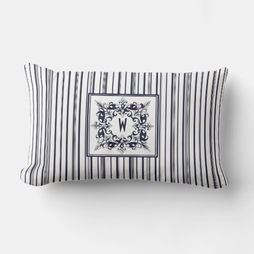 Navy Blue Stripe Vintage Label and Monogram Lumbar Pillow