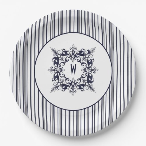 Navy Blue Stripe Vintage Label and Monogram Paper Plates