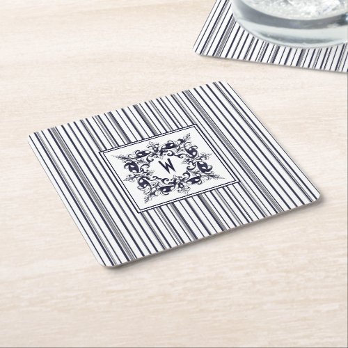 Navy Blue Stripe Vintage Label and Monogram Square Paper Coaster