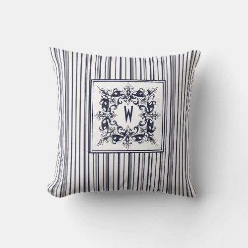 Navy Blue Stripe Vintage Label and Monogram Throw Pillow