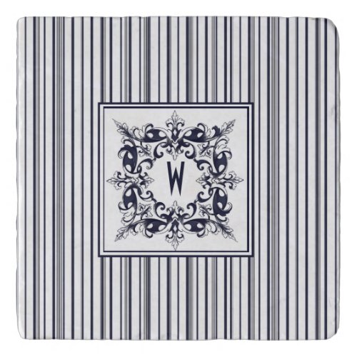 Navy Blue Stripe Vintage Label and Monogram Trivet