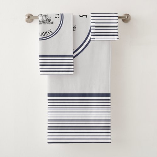 Navy Blue Stripe Vintage Label and Name Bath Towel Set