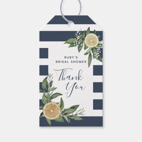 Navy Blue Stripe Watercolor Lemon Bridal Shower In Gift Tags