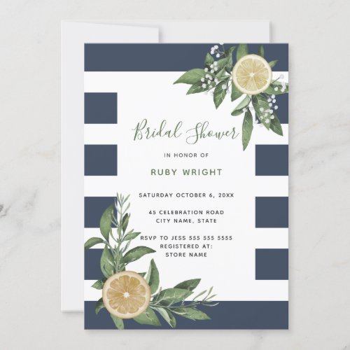 Navy Blue Stripe Watercolor Lemon Bridal Shower Invitation
