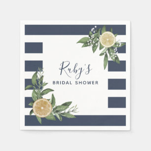 Navy Blue Stripe Watercolor Lemon Bridal Shower Napkins