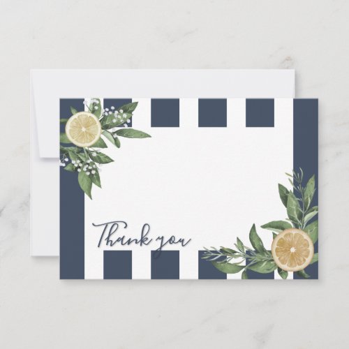 Navy Blue Stripe Watercolor Lemon Citrus Thank You Card