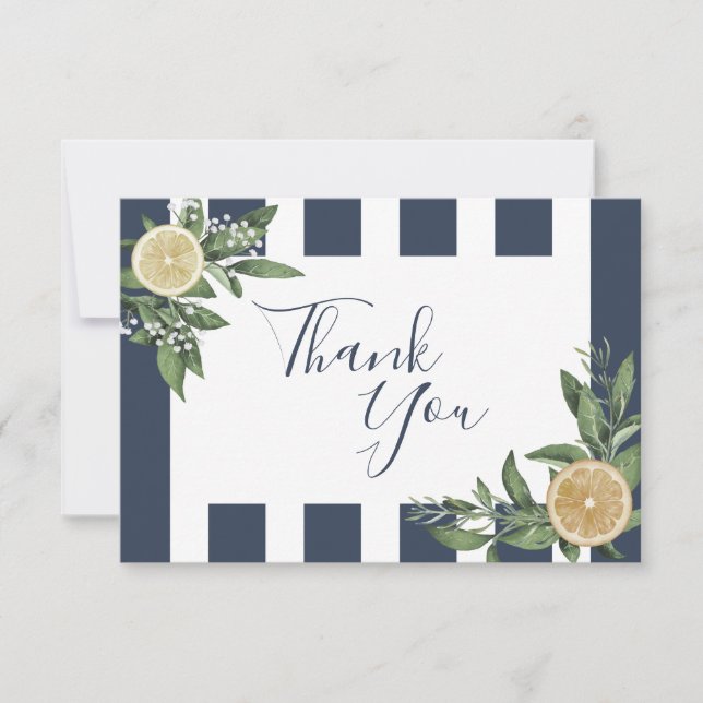 Navy Blue Stripe Watercolor Lemon Citrus Thank You Card (Front)
