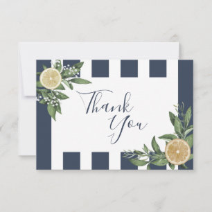 Navy Blue Stripe Watercolor Lemon Citrus Thank You Card