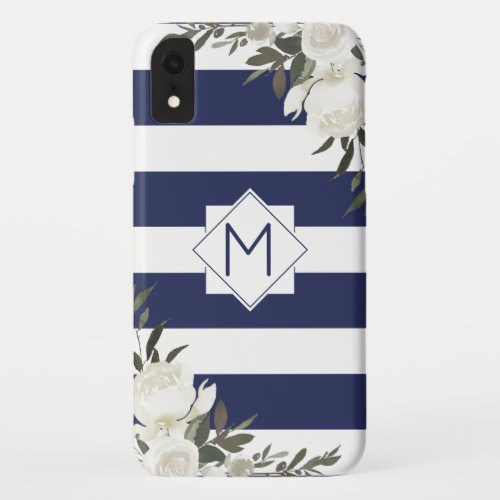 Navy Blue Striped Floral Monogram with White Roses iPhone XR Case