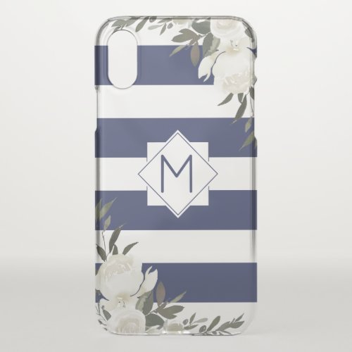 Navy Blue Striped Floral Monogram with White Roses iPhone X Case