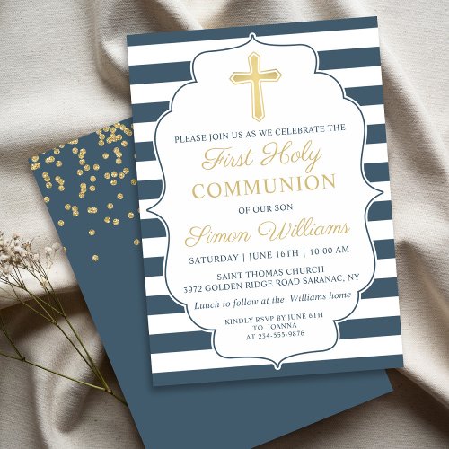 Navy Blue Striped Gold Cross First Holy Communion Invitation