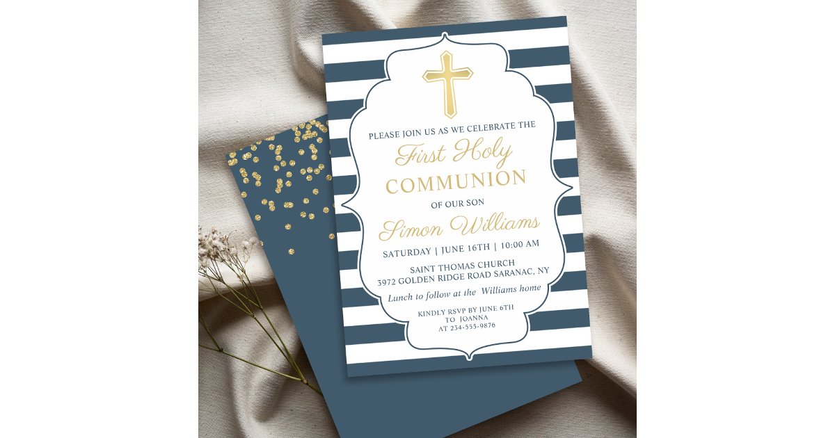 Navy Blue Striped Gold Cross First Holy Communion Invitation | Zazzle