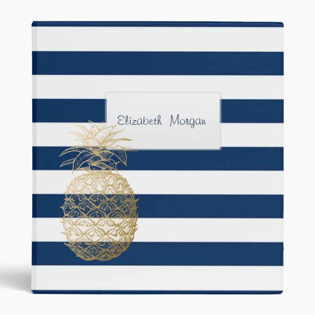 Navy Blue Striped,Gold Pineapple Tropical 3 Ring Binder (Front)