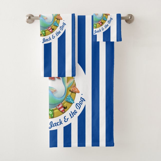 Navy Blue Striped Mermaid Porthole Summer Beach Bath Towel Set (Insitu)