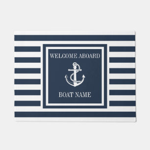 Navy Blue Striped Nautical Anchor Boat Name Doormat