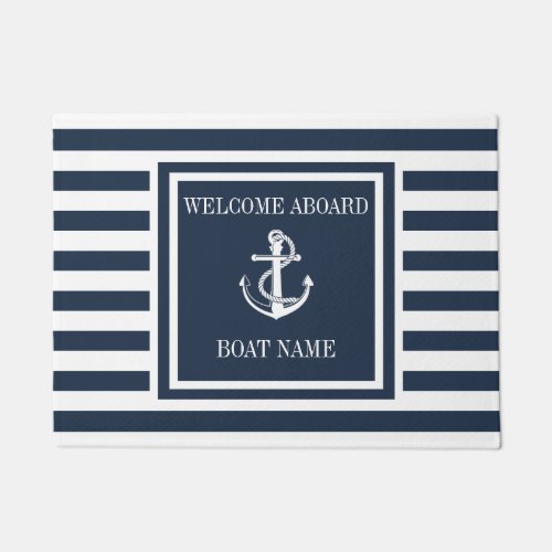 Navy Blue Striped Nautical Anchor Boat Name Doormat