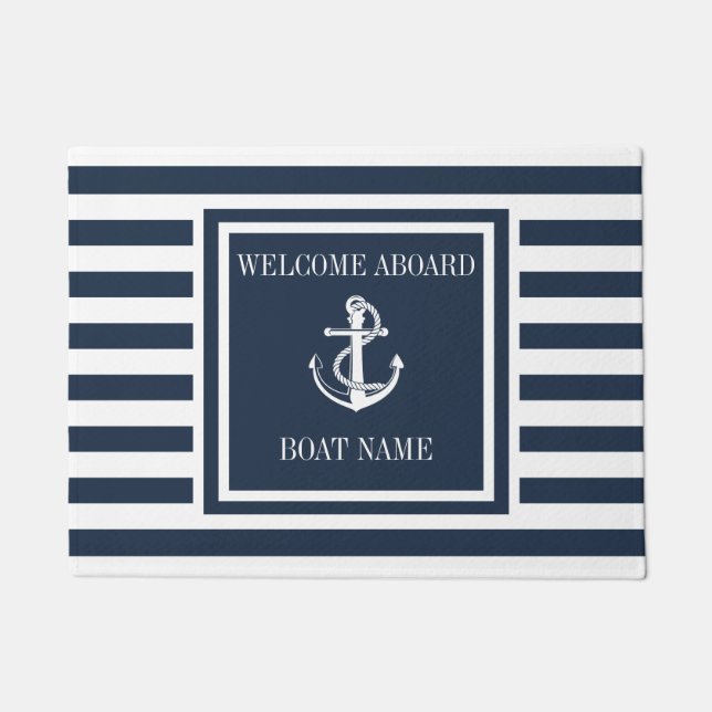 Navy Blue Striped Nautical Anchor Boat Name Doormat (Front)