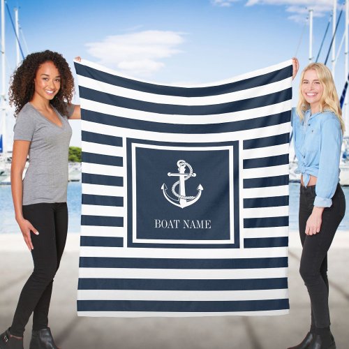 Navy Blue Striped Nautical Anchor Boat Name Fleece Blanket