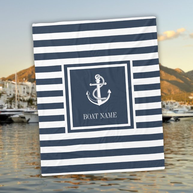 Navy Blue Striped Nautical Anchor Boat Name Fleece Blanket (Navy Blue Striped Nautical Anchor Boat Name Fleece Blanket)