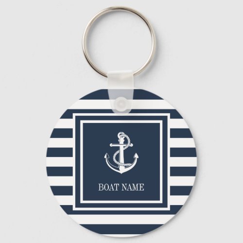 Navy Blue Striped Nautical Anchor Boat Name Keychain