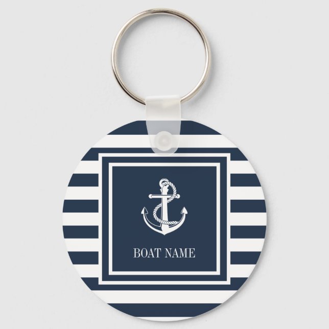 Navy Blue Striped Nautical Anchor Boat Name Keychain (Front)