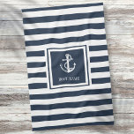 Navy Blue Striped Nautical Anchor Boat Name Kitchen Towel<br><div class="desc">A nautical design featuring an anchor,  stylish navy blue and white stripes and personalized with your boat name. Designed by Thisisnotme©</div>