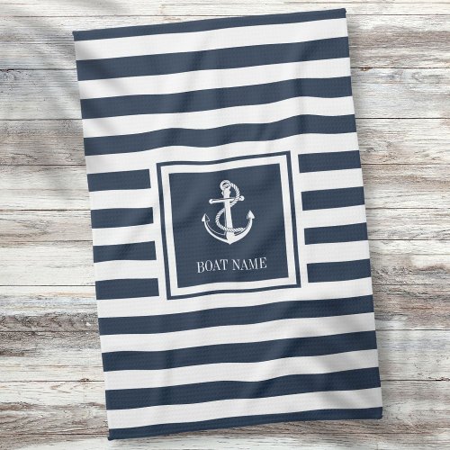 Navy Blue Striped Nautical Anchor Boat Name Kitchen Towel