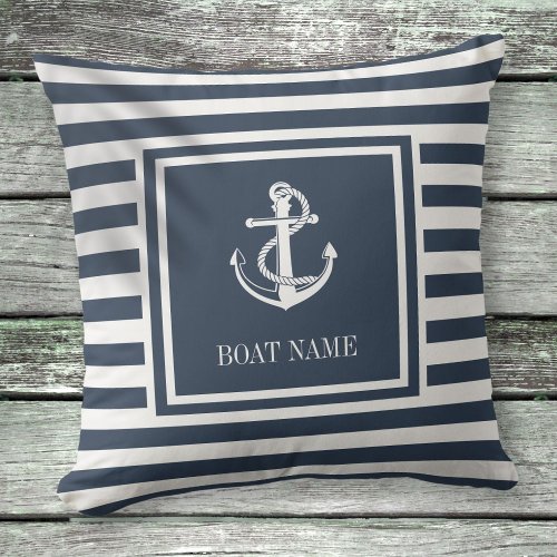 Navy Blue Striped Nautical Anchor Boat Name Outdoor Pillow
