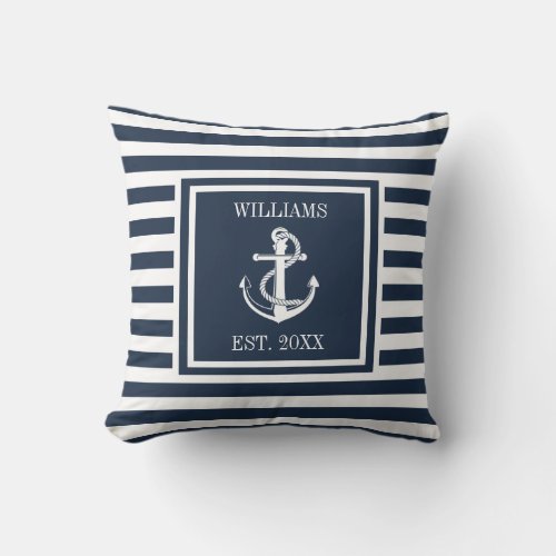 Navy Blue Striped Nautical Anchor Personalized Throw Pillow