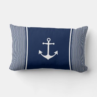 Navy Blue Striped Nautical Pillow with Anchor | Zazzle