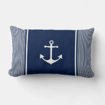 Navy Blue Striped Nautical Pillow with Anchor