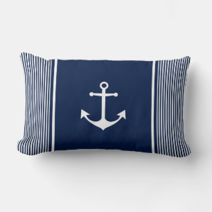 Navy Blue Striped Nautical Pillow with Anchor