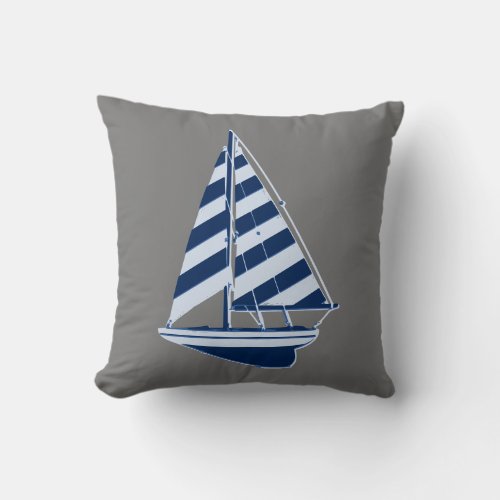 Navy Blue Striped Nautical Sailboat Throw Pillow