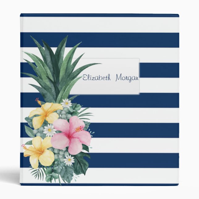 Navy Blue Striped,Pineapple Tropical Flowers 3 Ring Binder (Front)