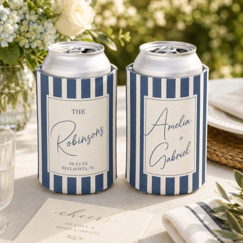 Navy Blue Striped Wedding Personalized Couple Name Can Cooler