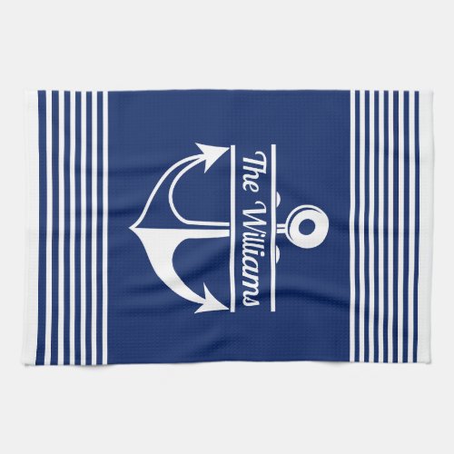 Navy blue striped white anchor custom name  kitchen towel