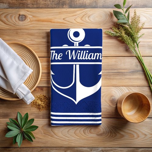 Navy blue striped white anchor custom name  kitchen towel