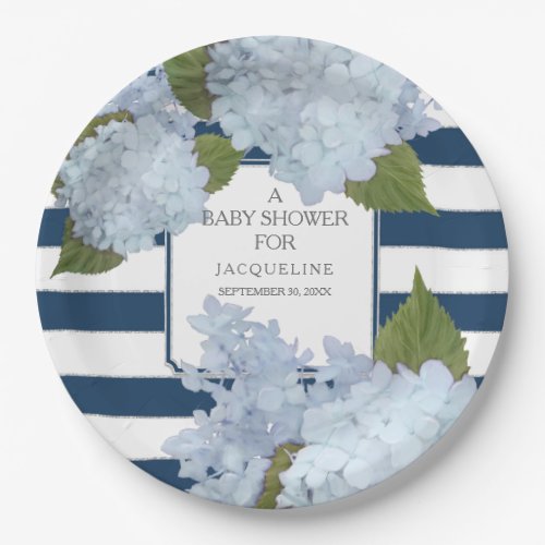 Navy Blue Striped White Hydrangea Floral Baby Paper Plates