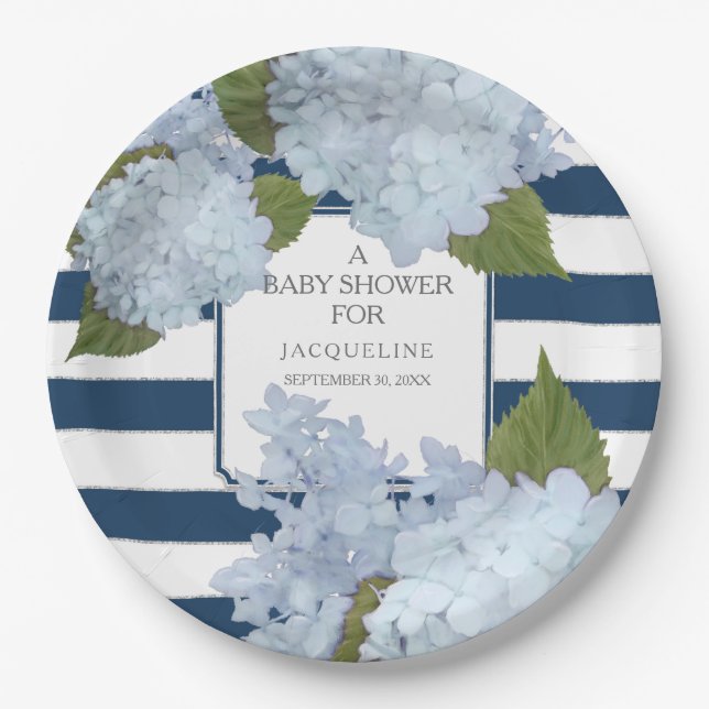 Navy Blue Striped White Hydrangea Floral Baby Paper Plates (Front)