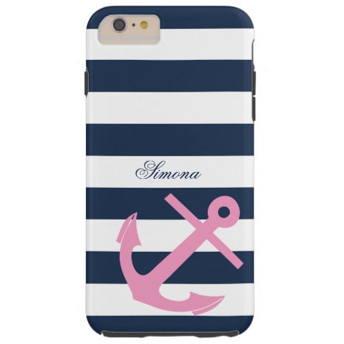 Navy Blue Stripes Anchor Custom Monogram Tough iPhone 6 Plus Case