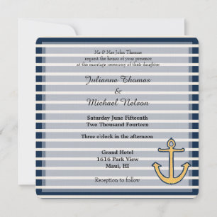 Navy Blue Stripes Anchor Wedding Invitation