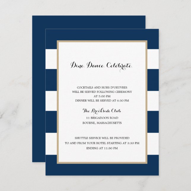 Navy Blue Stripes and Gold | Reception Invitation (Front/Back)