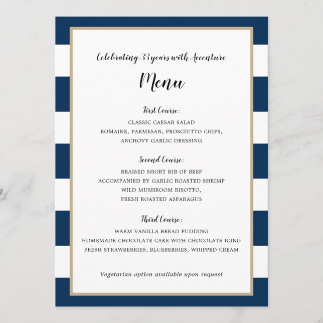 Navy Blue Stripes and Gold Wedding Reception Menu (Front)