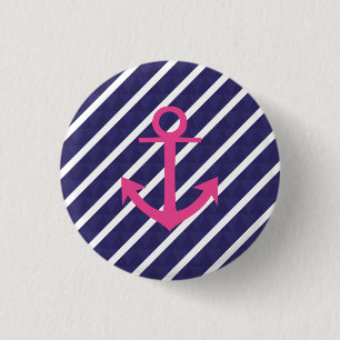 Navy Blue Stripes And Hot Pink Anchor Design Button