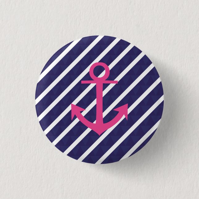 Navy Blue Stripes And Hot Pink Anchor Design Button (Front)