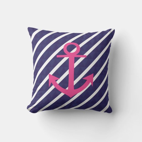Navy Blue Stripes And Hot Pink Anchor Design Throw Pillow