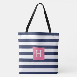 Navy Blue Stripes and Pink Monogram Tote Bag