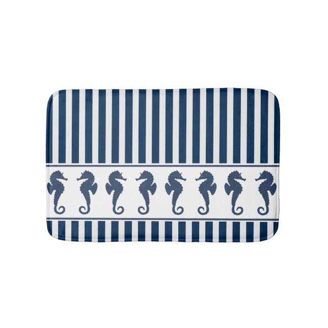 Navy Blue Stripes and Sea Horses Bathroom Mat (Front)