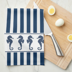 Navy Blue Stripes and Sea Horses Towel