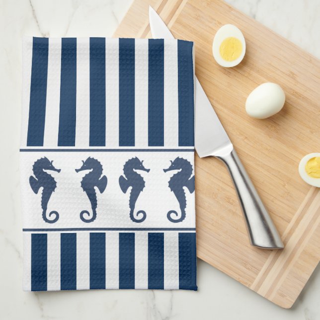Navy Blue Stripes and Sea Horses Towel (Quarter Fold)